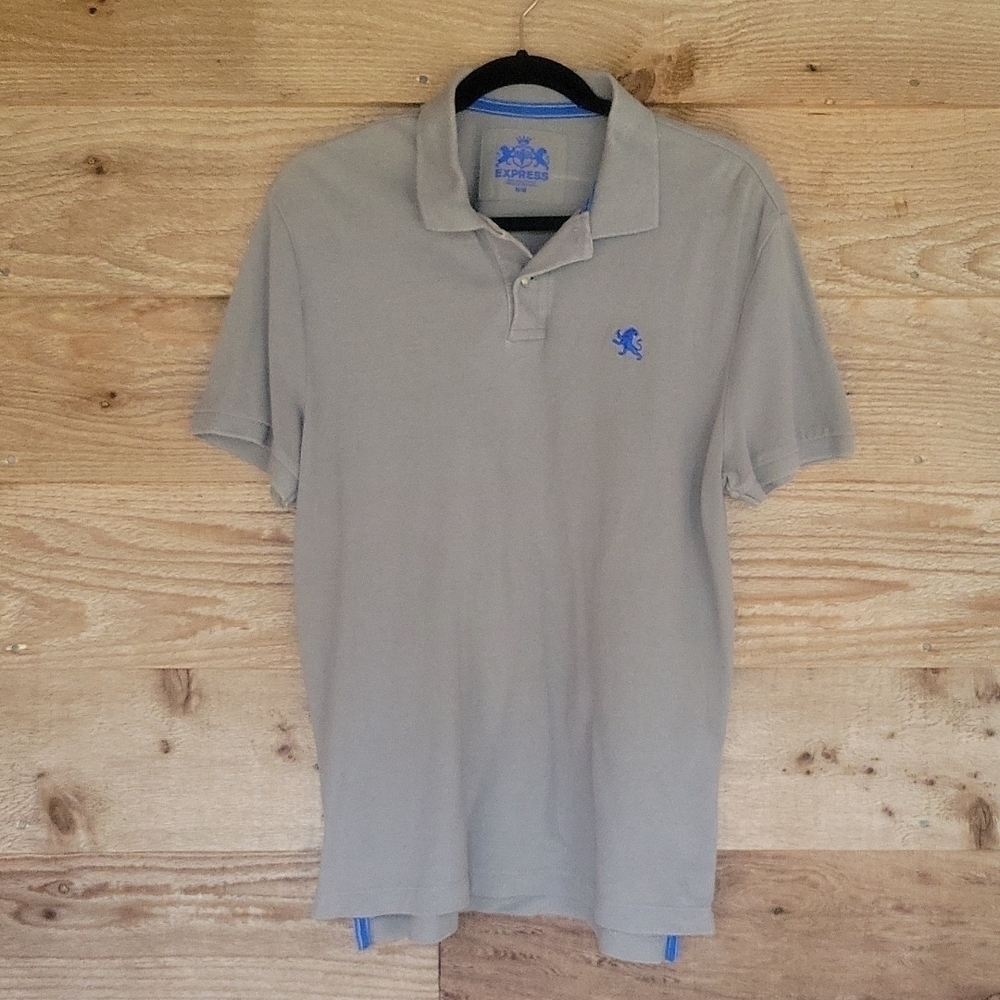 Express Pique Polo Shirt Gray with Blue Logo Size Medium